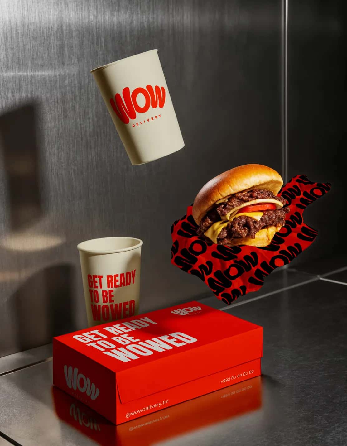 WOW Delivery burger packaging — brand identity